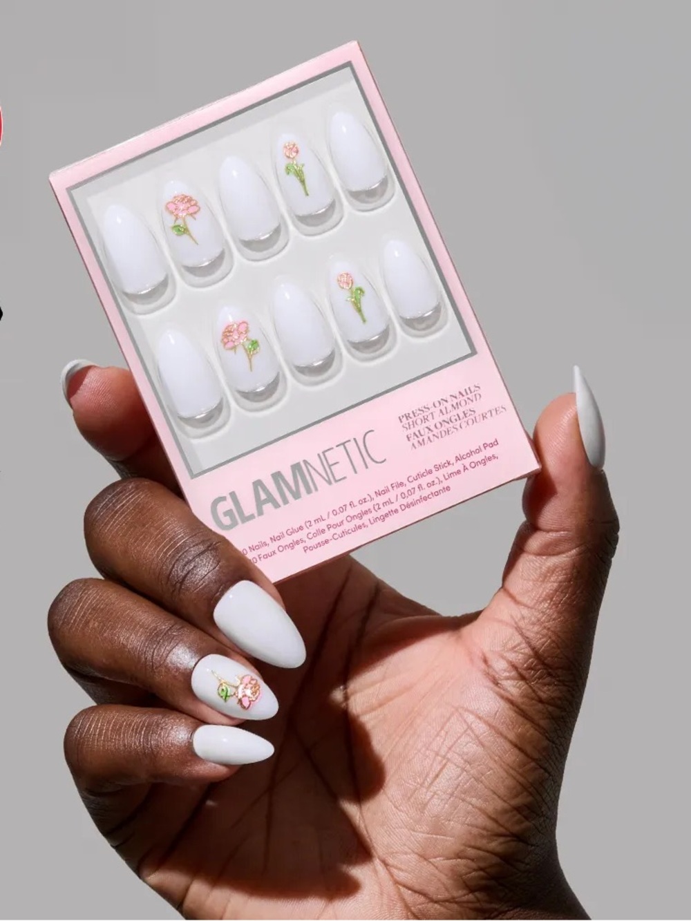 Glamnetic White Press-On Nails with Pink Floral Accent - Floral Glow